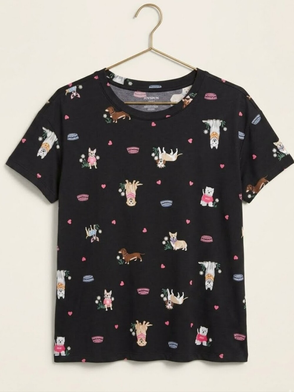 JOYSPUN Black Dog Print Tee Pajama Top with Pink Hearts Sz M (8-10)